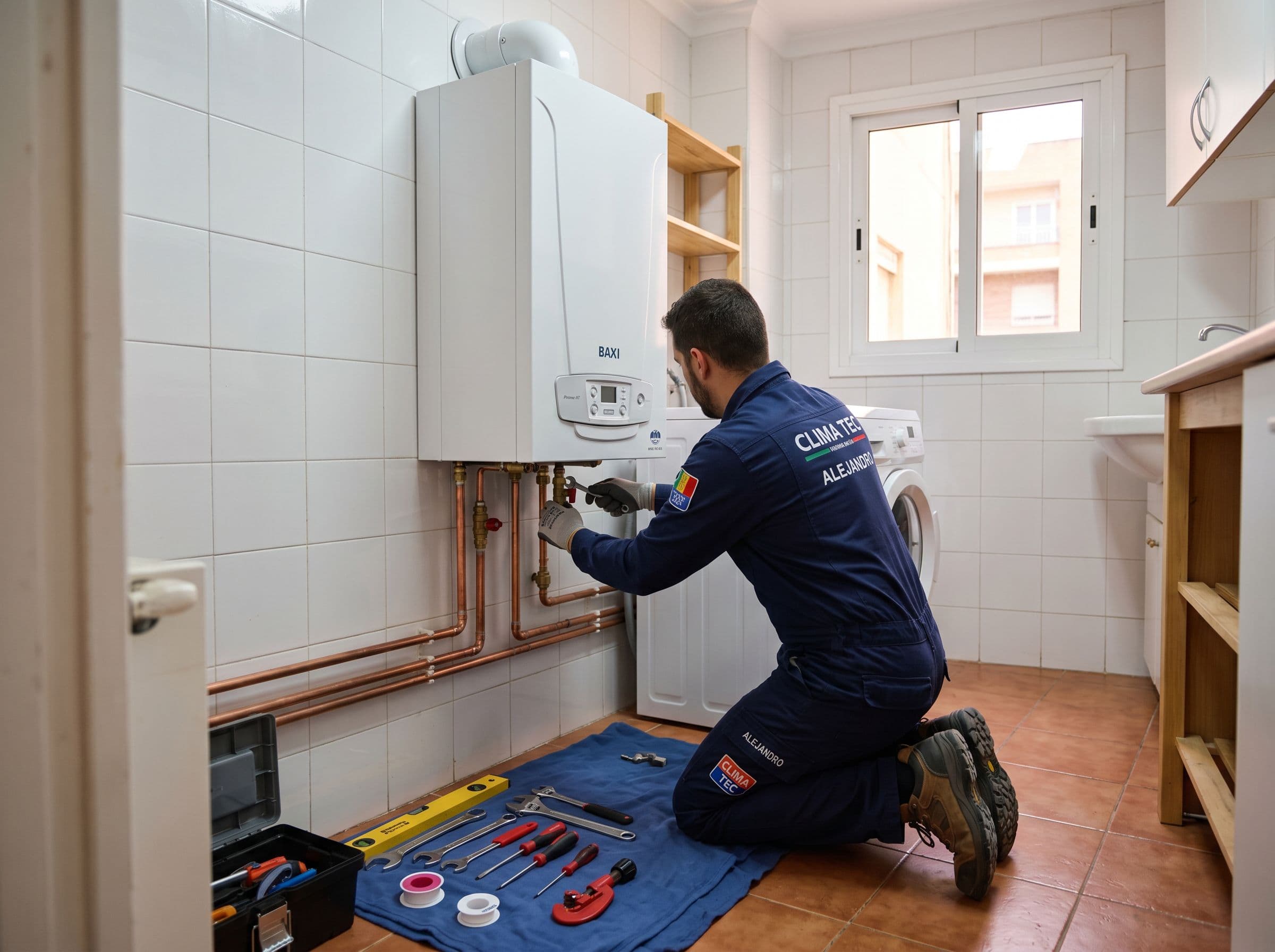 Instalador profesional montando una caldera de condensación nueva en un piso