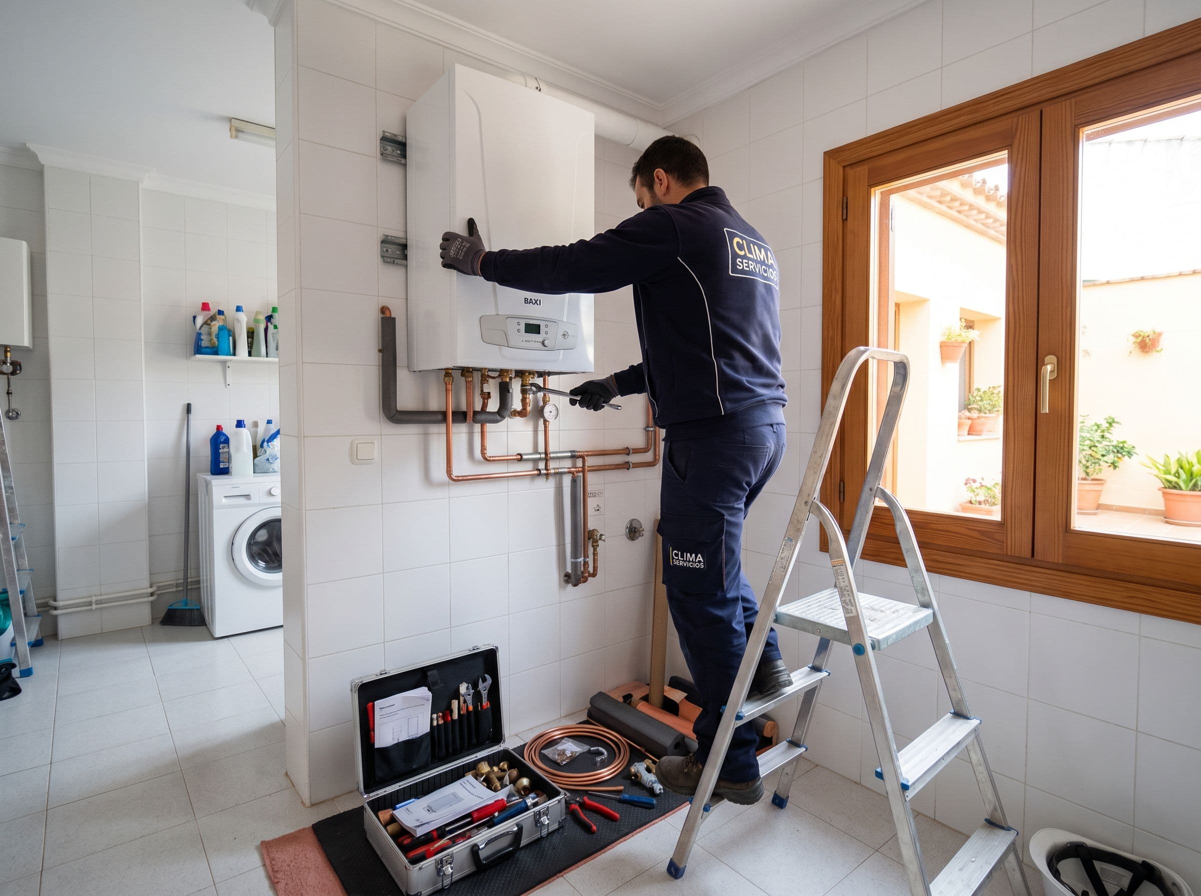 Técnico instalando una caldera de gas nueva en una vivienda española