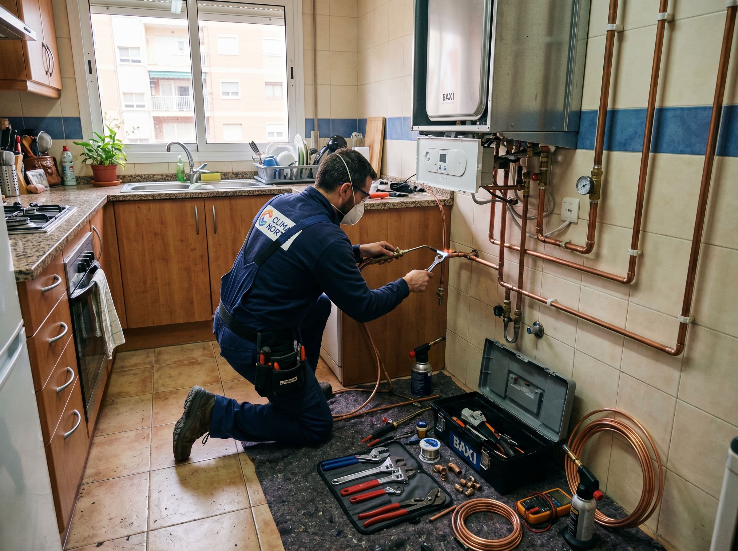 Instalador conectando las tuberías durante la instalación de una caldera nueva en un piso