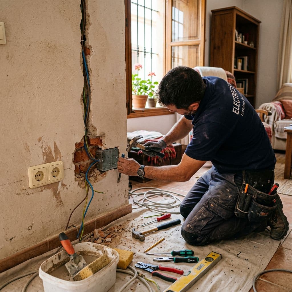 Electricista instalando un punto empotrado cerca de una toma existente