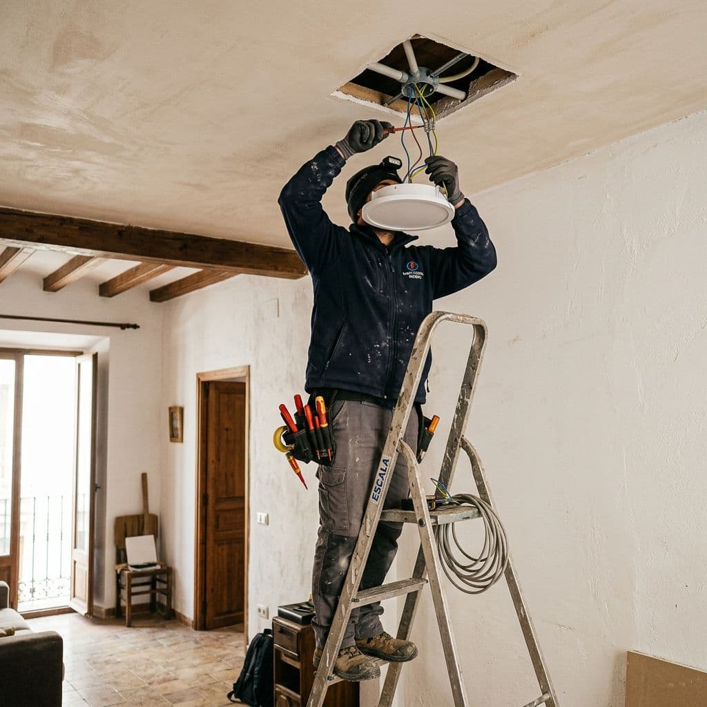 Electricista instalando un punto de luz conmutado en un techo alto