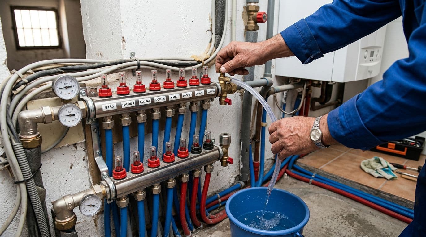 Persona purgando un circuito del colector de suelo radiante con un cubo recogiendo el agua.