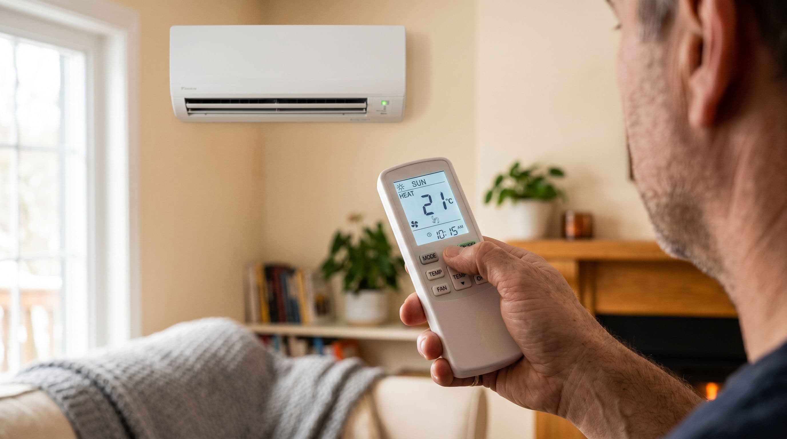 Mando de aire acondicionado en modo HEAT mostrando el símbolo del sol y 21 grados, apuntando a un split en una vivienda.
