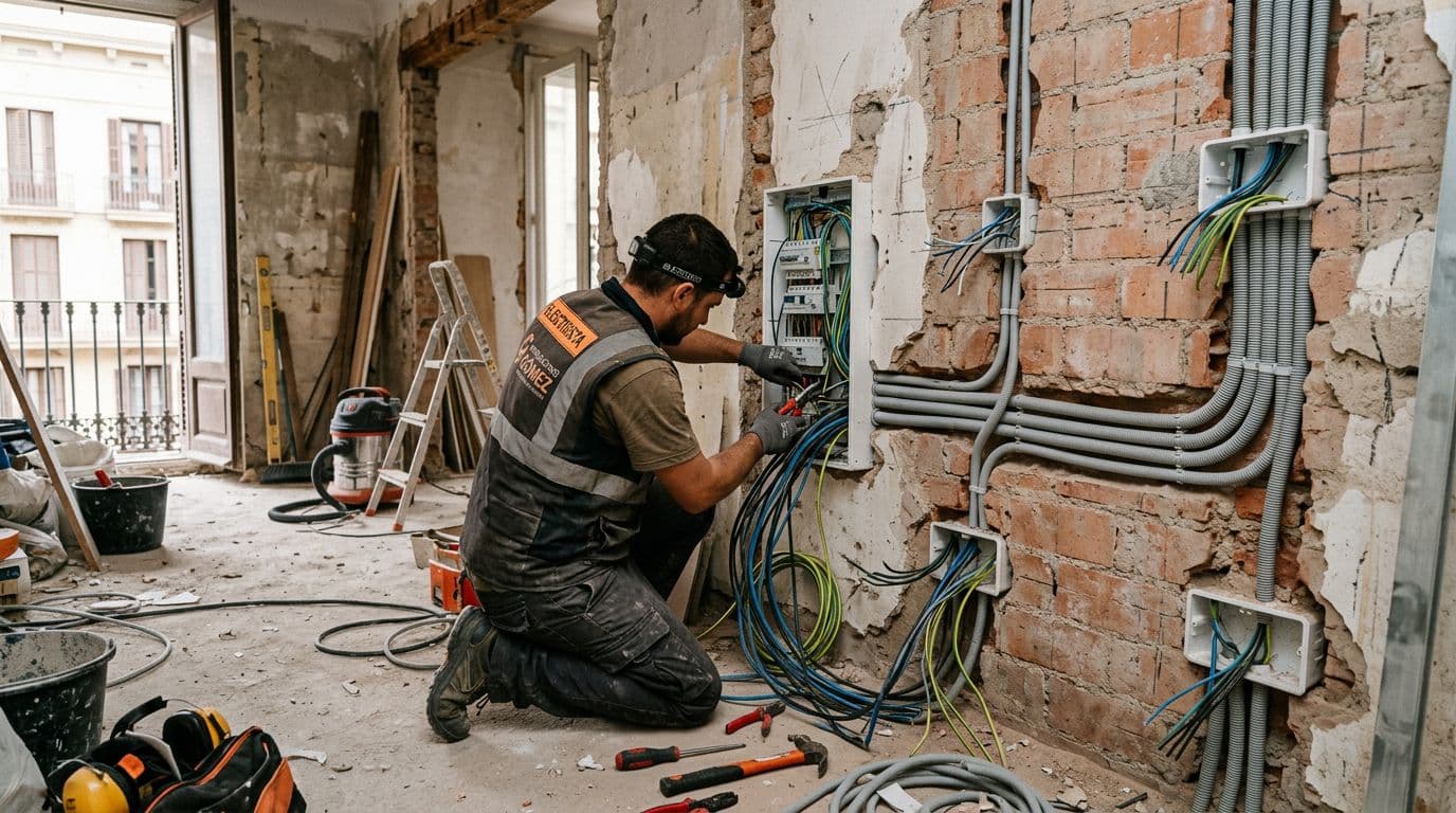Electricista renovando por completo la instalación eléctrica de un piso en reforma