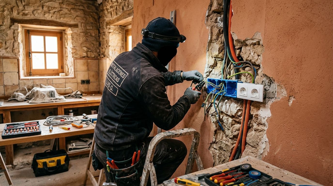Electricista renovando la instalación eléctrica de una cocina durante una reforma