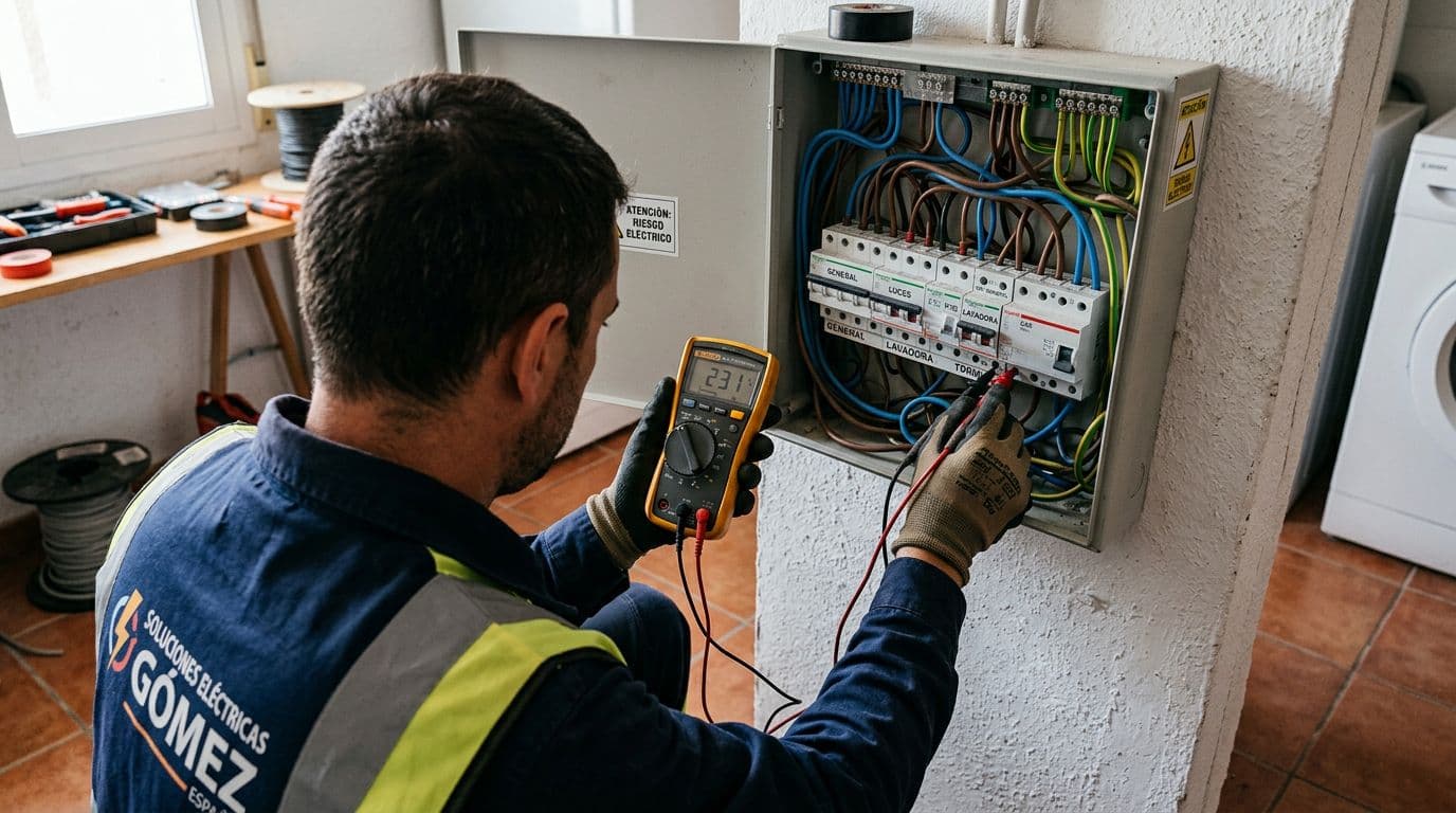 Electricista diagnosticando una avería eléctrica en el cuadro de una vivienda