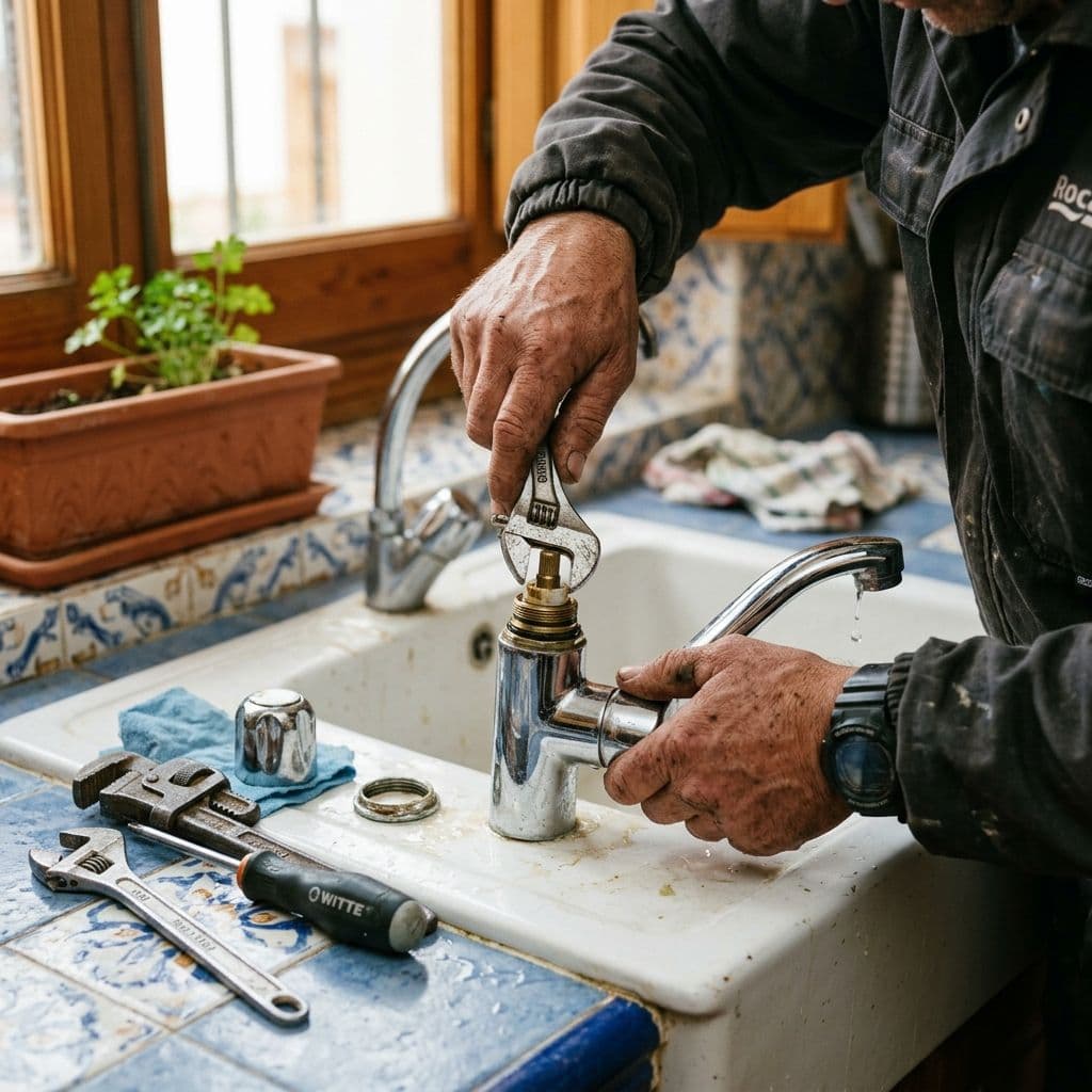 Fontanero reparando un grifo que gotea en una cocina española
