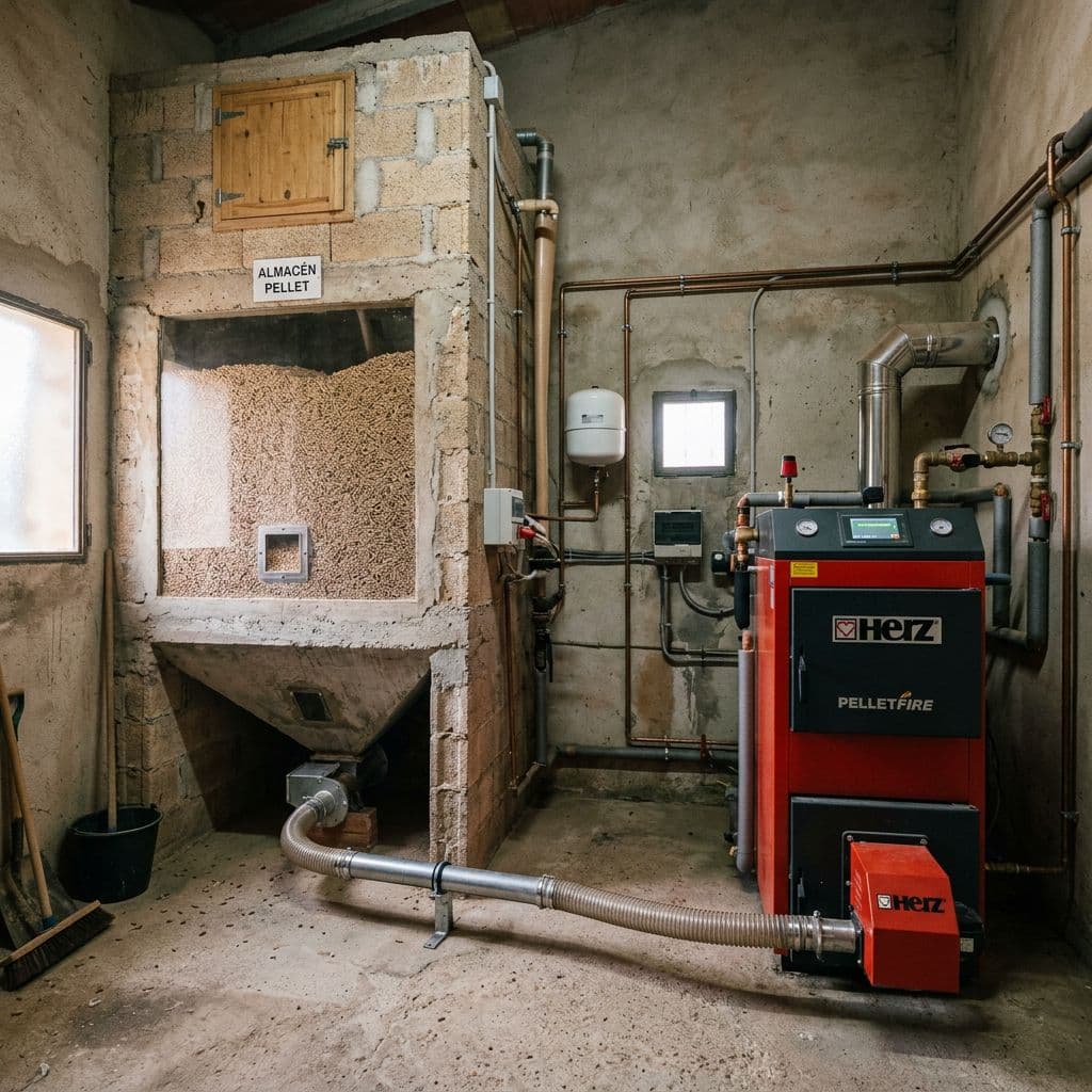 Silo de obra de gran capacidad conectado a una caldera de pellets de alta potencia
