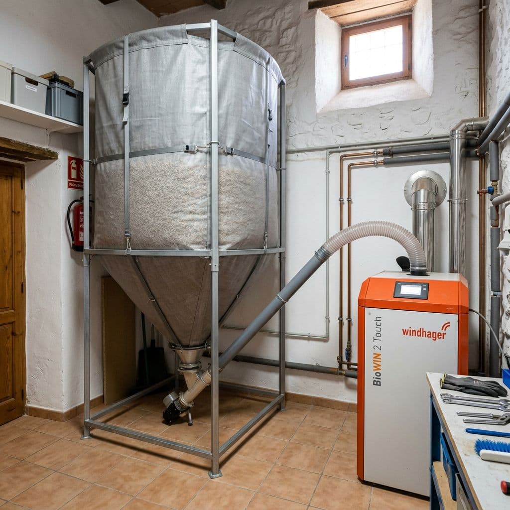 Silo textil de almacenamiento de pellets conectado a la caldera mediante tubo de alimentación
