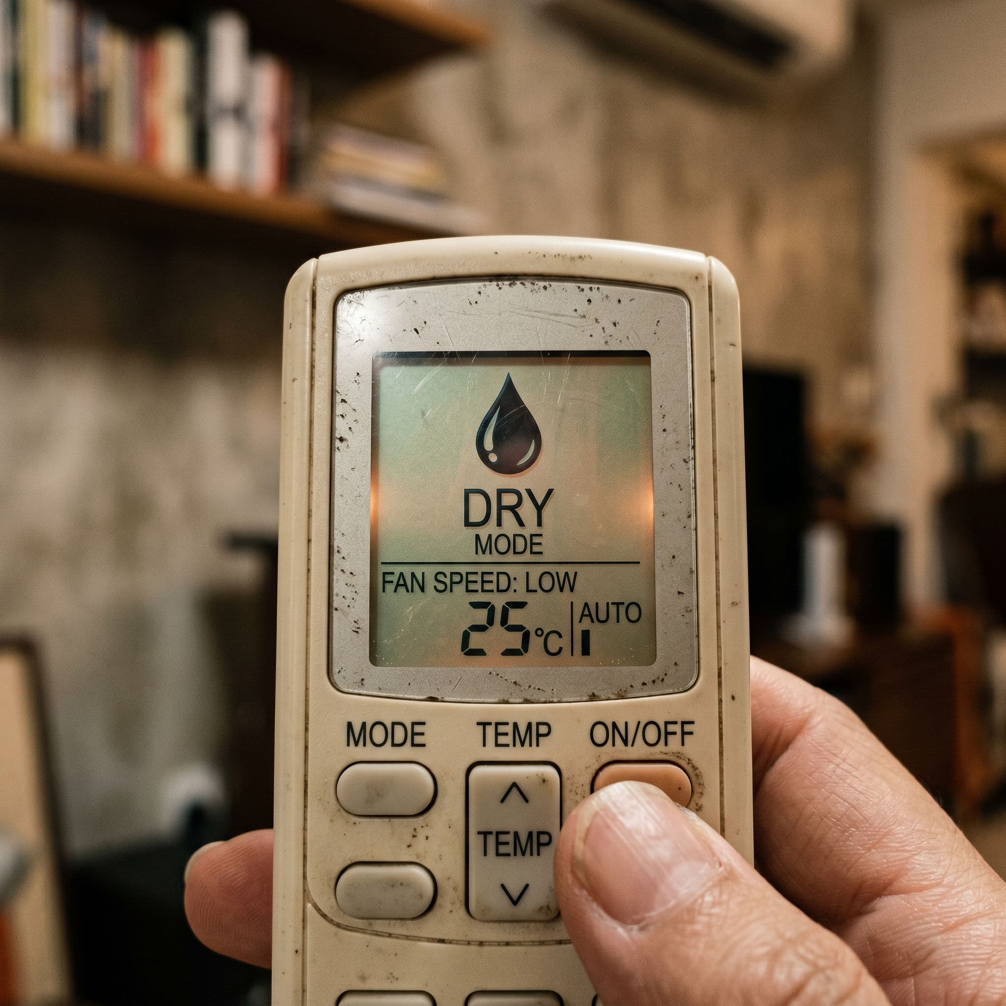 Símbolo de la gota de agua en el mando del aire acondicionado, que indica el modo DRY o deshumidificación.