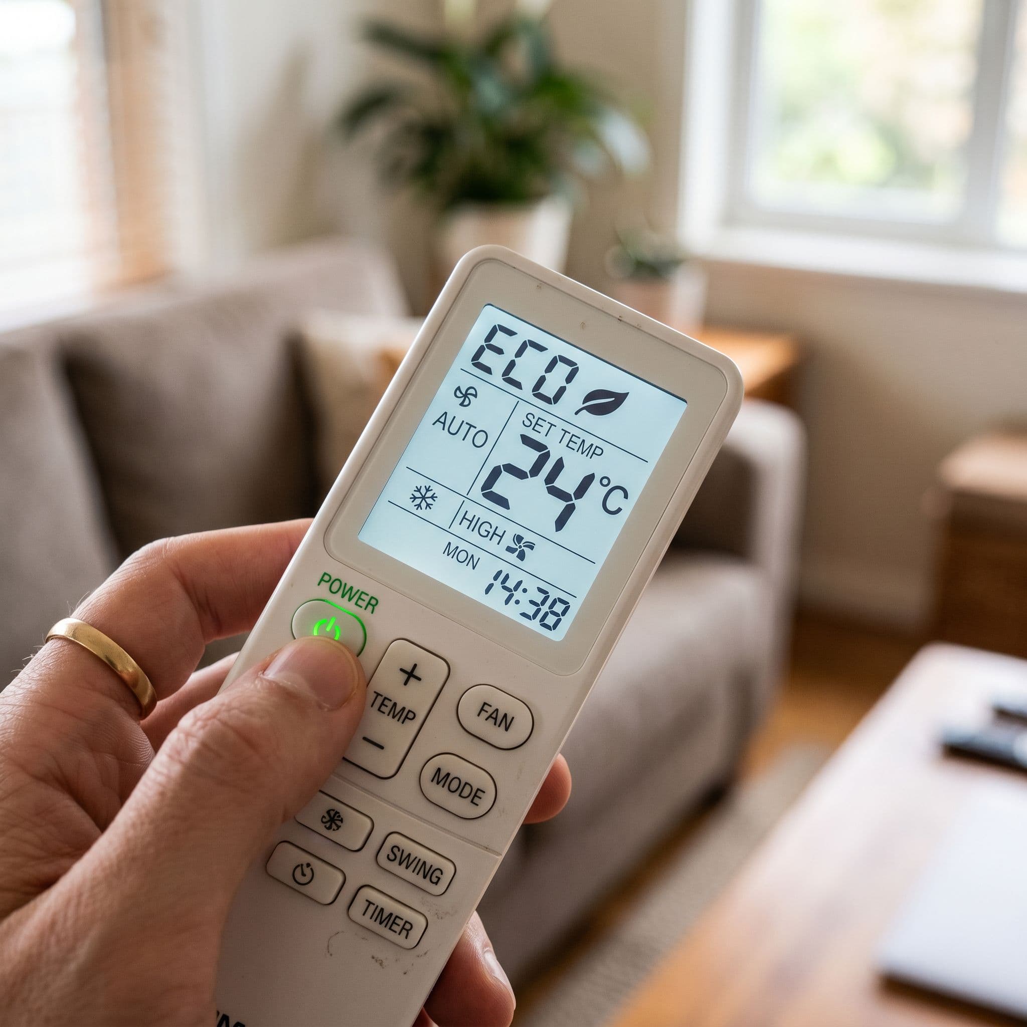 Símbolo ECO o ahorro de energía en el mando del aire acondicionado.