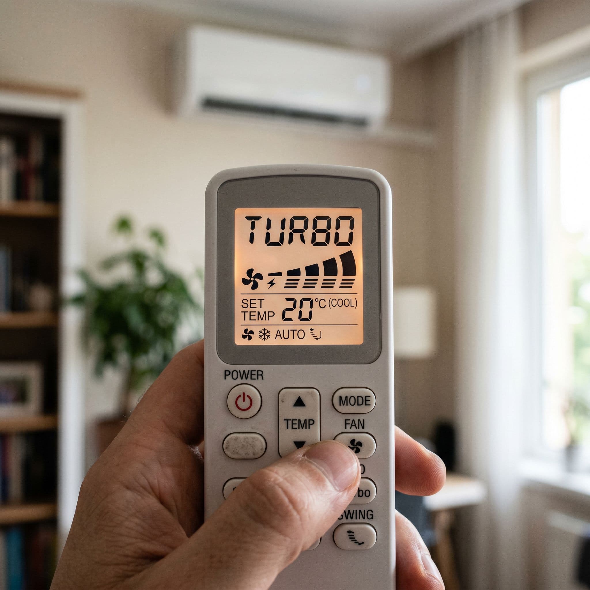Botón TURBO o potencia máxima en el mando del aire acondicionado.