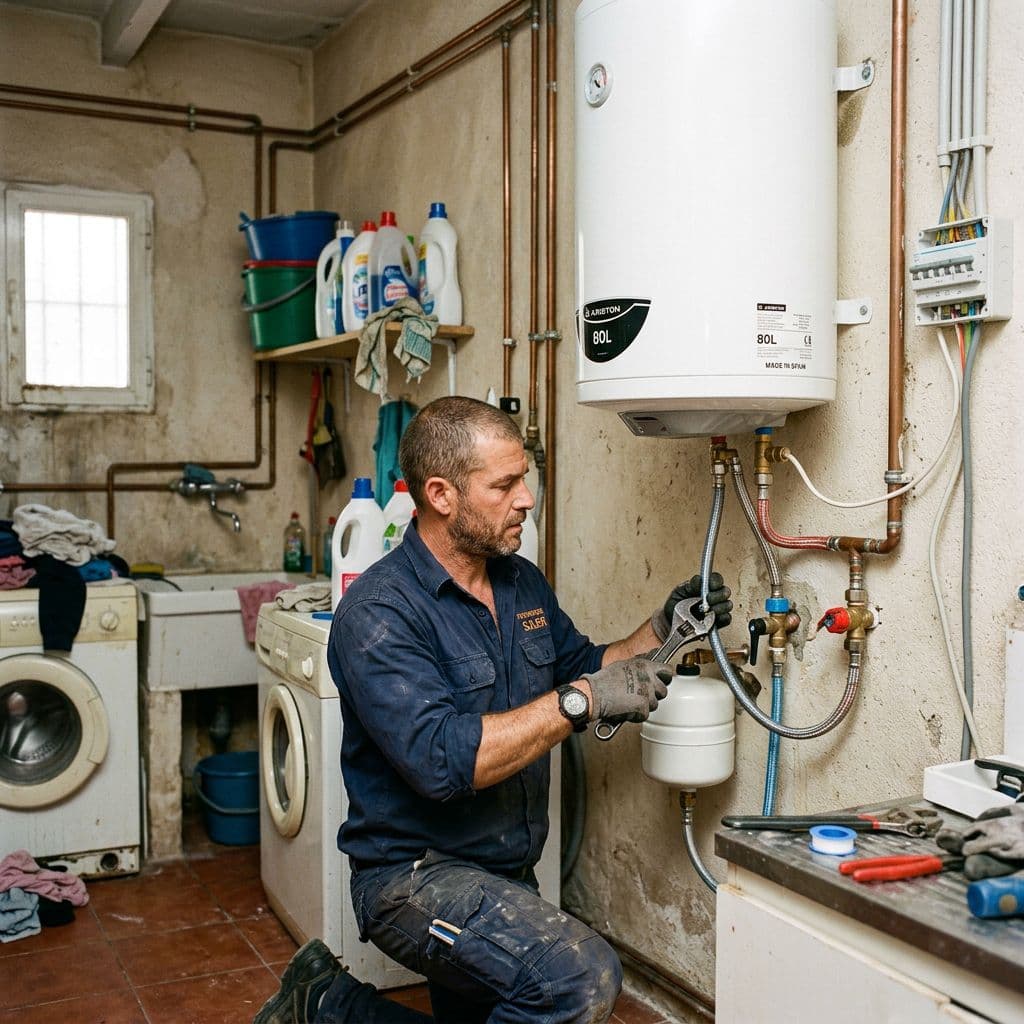 Fontanero instalando un termo eléctrico nuevo en una vivienda