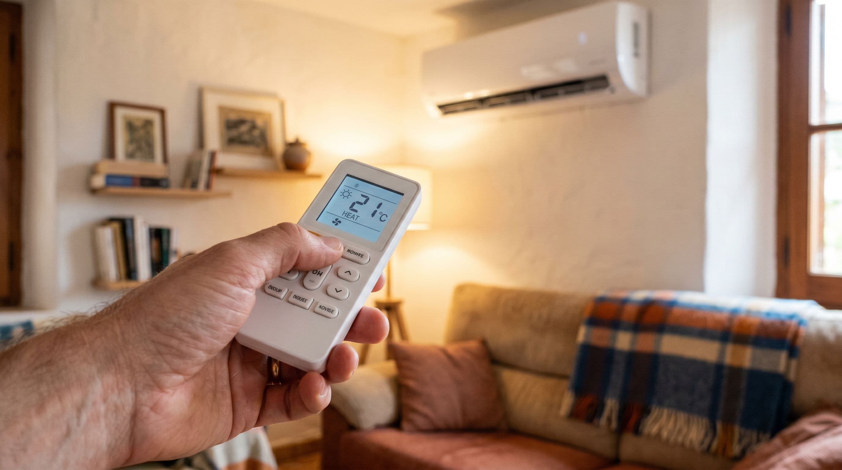 Mando de aire acondicionado mostrando el modo calor a 21 grados en un salón en invierno.