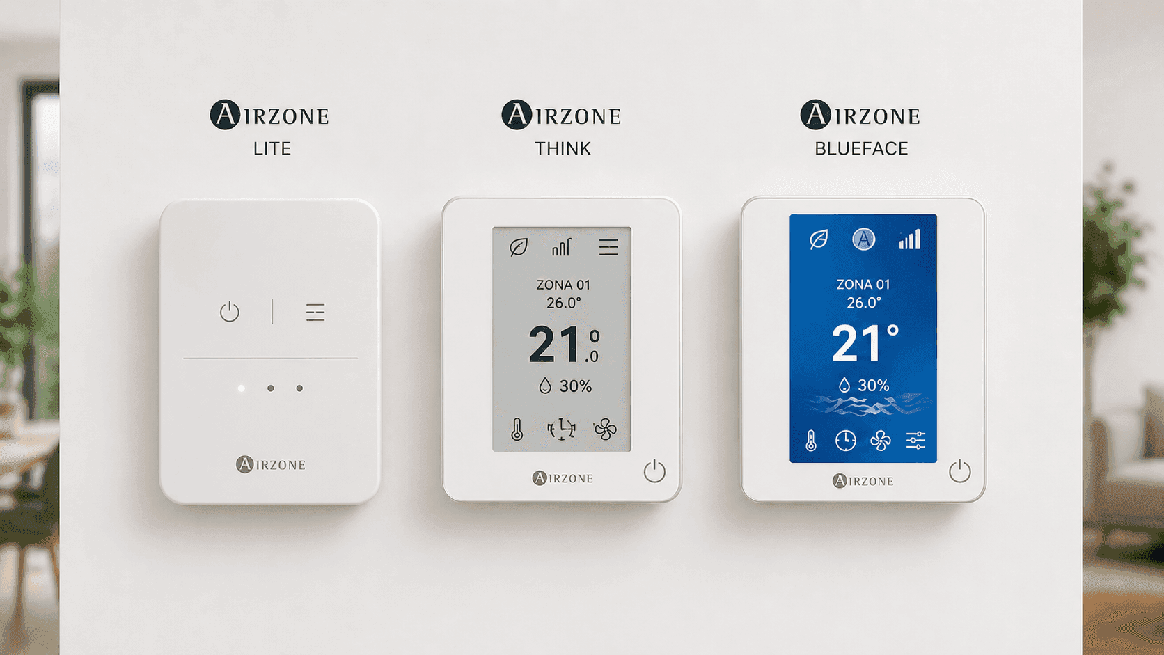 Comparativa de los tres modelos de termostato Airzone: Lite, Think y Blueface con pantalla táctil a color