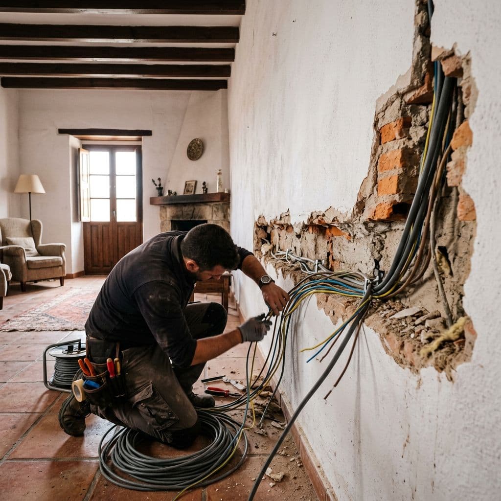 Electricista tirando cable nuevo a través de una roza larga en la pared