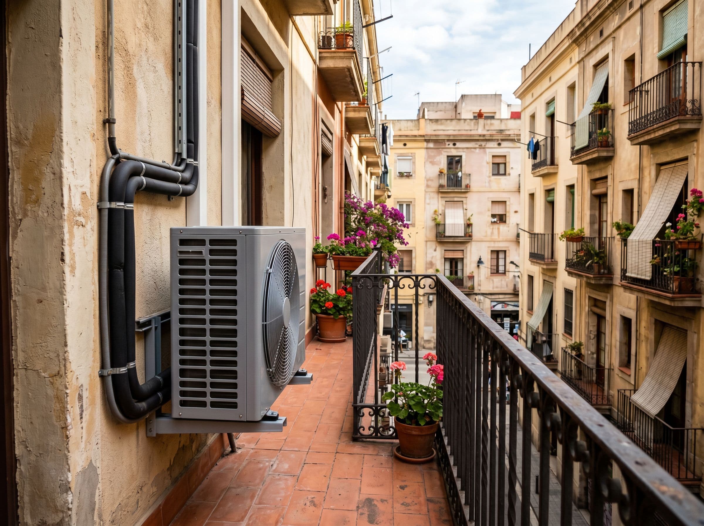 Unidad exterior de aerotermia instalada en la galería de un piso, ubicación habitual en vivienda de 100 m²
