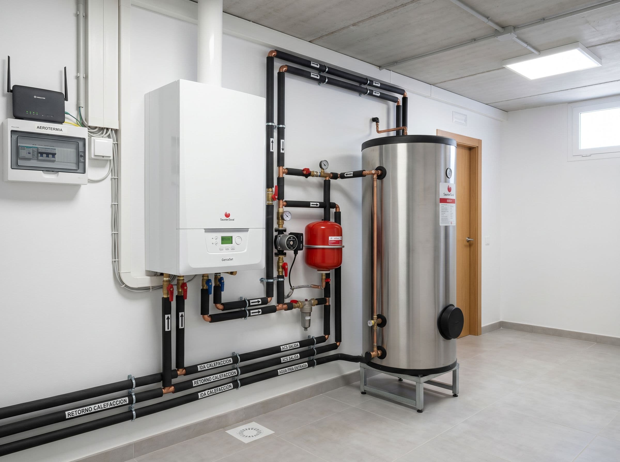 Unidad interior de aerotermia con acumulador de agua caliente sanitaria en sala de instalaciones de vivienda unifamiliar