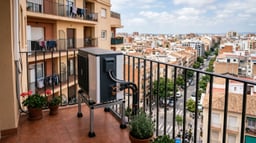 Unidad exterior de aerotermia instalada en el balcón de un piso en un edificio de viviendas español.