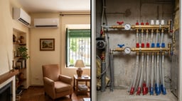 Comparación visual entre una bomba de calor aire-aire (split) y una bomba de calor aire-agua (aerotermia) con colector hidráulico.