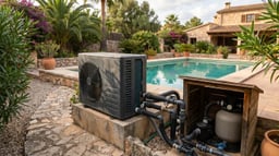 Bomba de calor instalada junto a una piscina residencial para climatizar el agua
