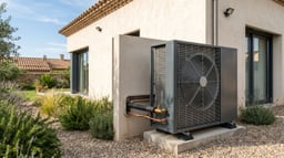Unidad exterior de una bomba de calor instalada junto a una vivienda