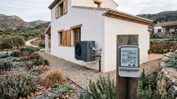 Unidad exterior de aerotermia junto a una vivienda en invierno con un medidor de consumo eléctrico en primer plano.