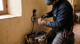 Electricista instalando un punto de luz nuevo en la pared de una vivienda