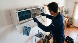Técnico realizando el mantenimiento y limpieza de un aire acondicionado split en una vivienda española.