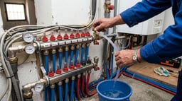 Persona purgando un circuito del colector de suelo radiante con un cubo recogiendo el agua.