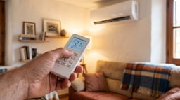 Mando de aire acondicionado mostrando el modo calor a 21 grados en un salón en invierno.