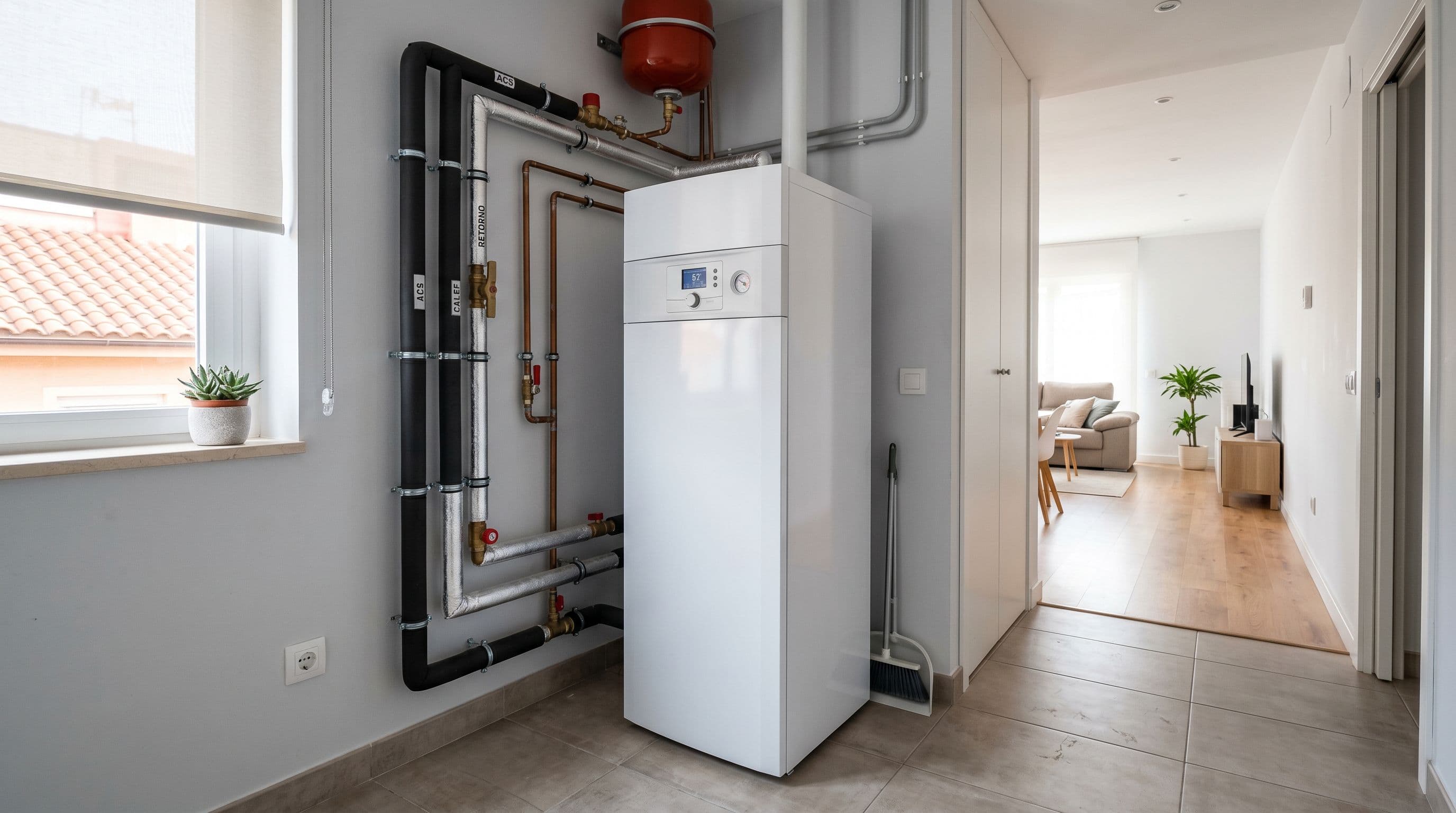 Módulo interior y depósito de aerotermia instalados en un piso de 90 m²