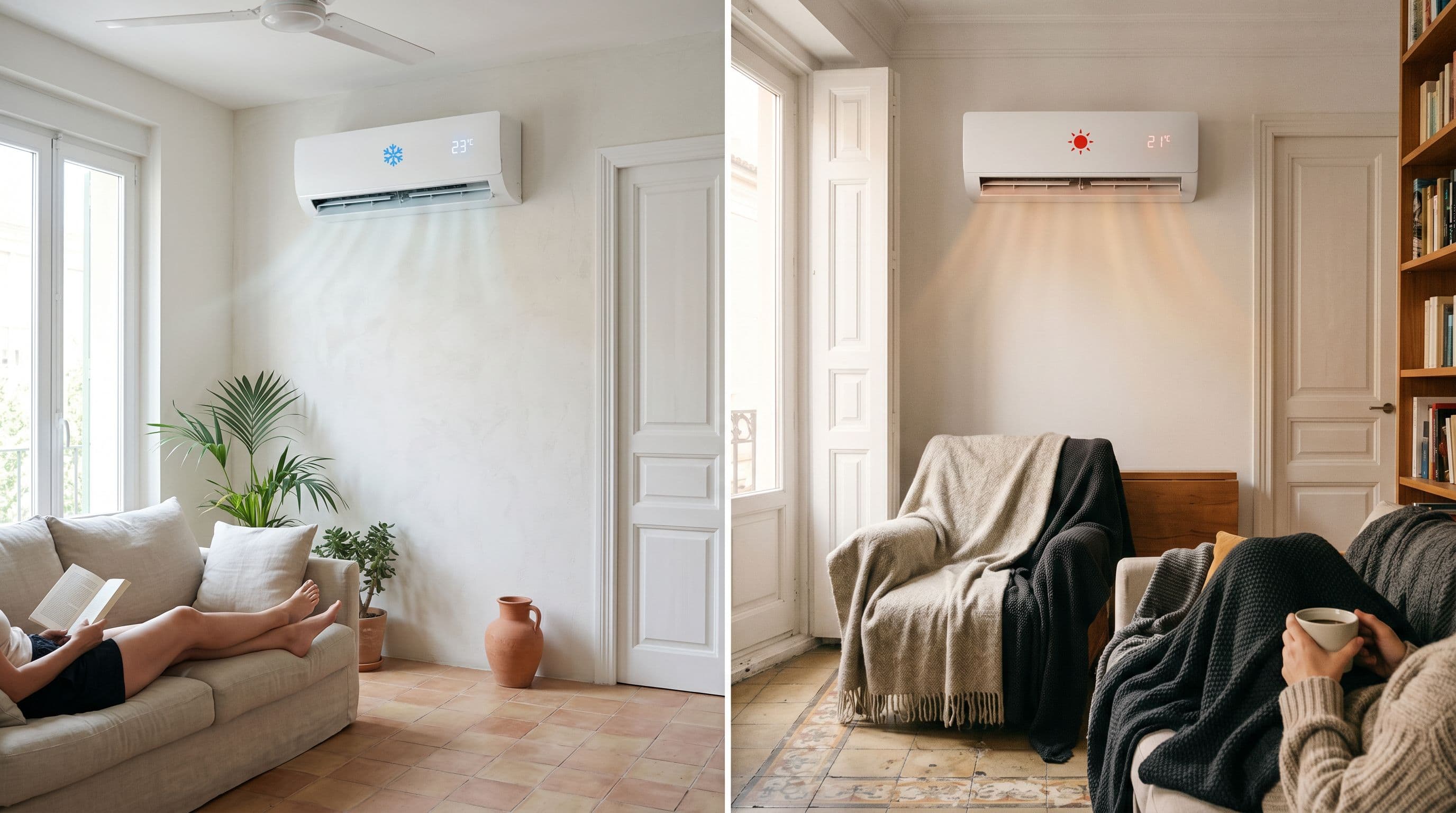 Comparación de un split de aire acondicionado enfriando en verano y el mismo equipo calentando en invierno como bomba de calor.