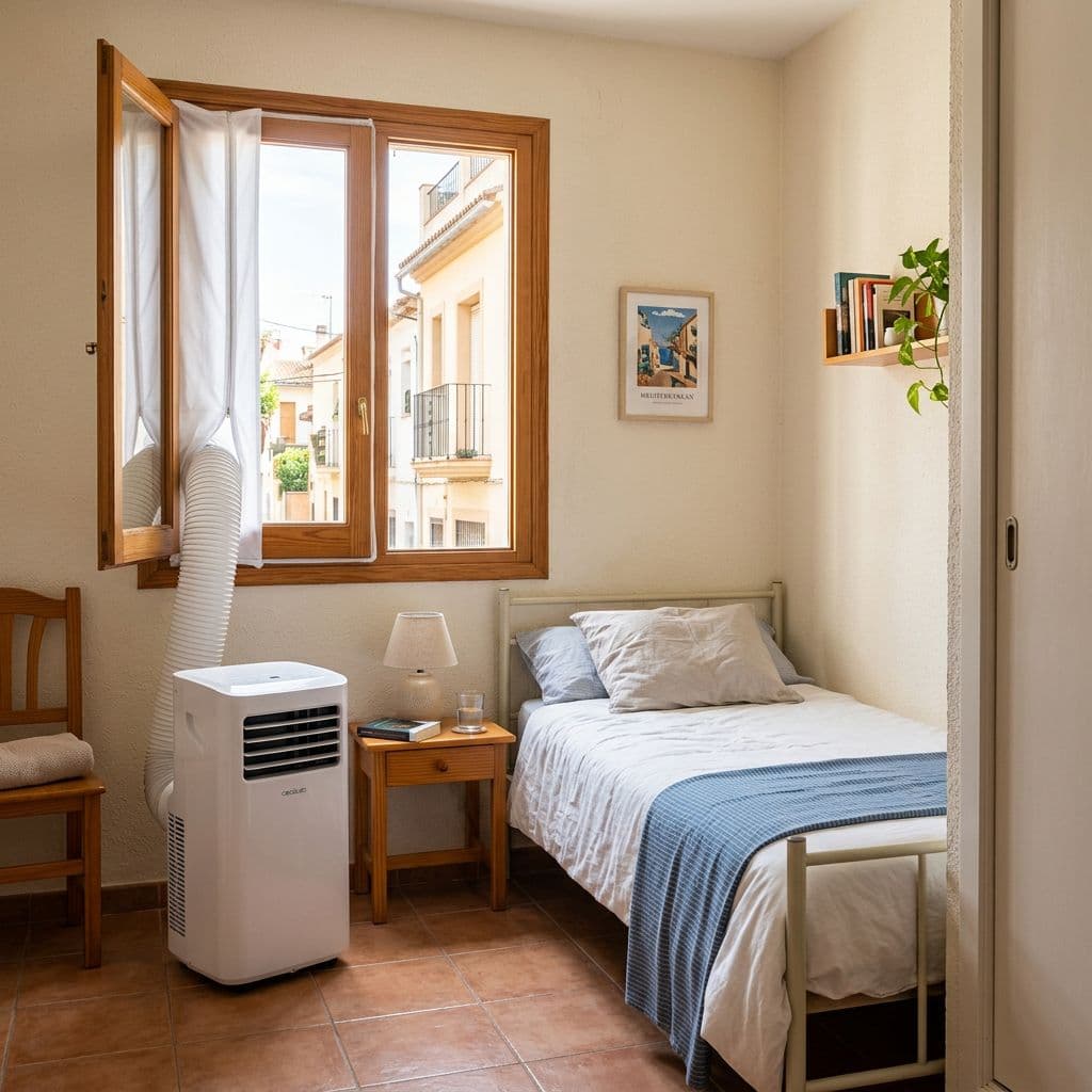 Aire acondicionado portátil de 7000 BTU correctamente dimensionado para dormitorio individual pequeño español con kit de ventana profesionalmente instalado