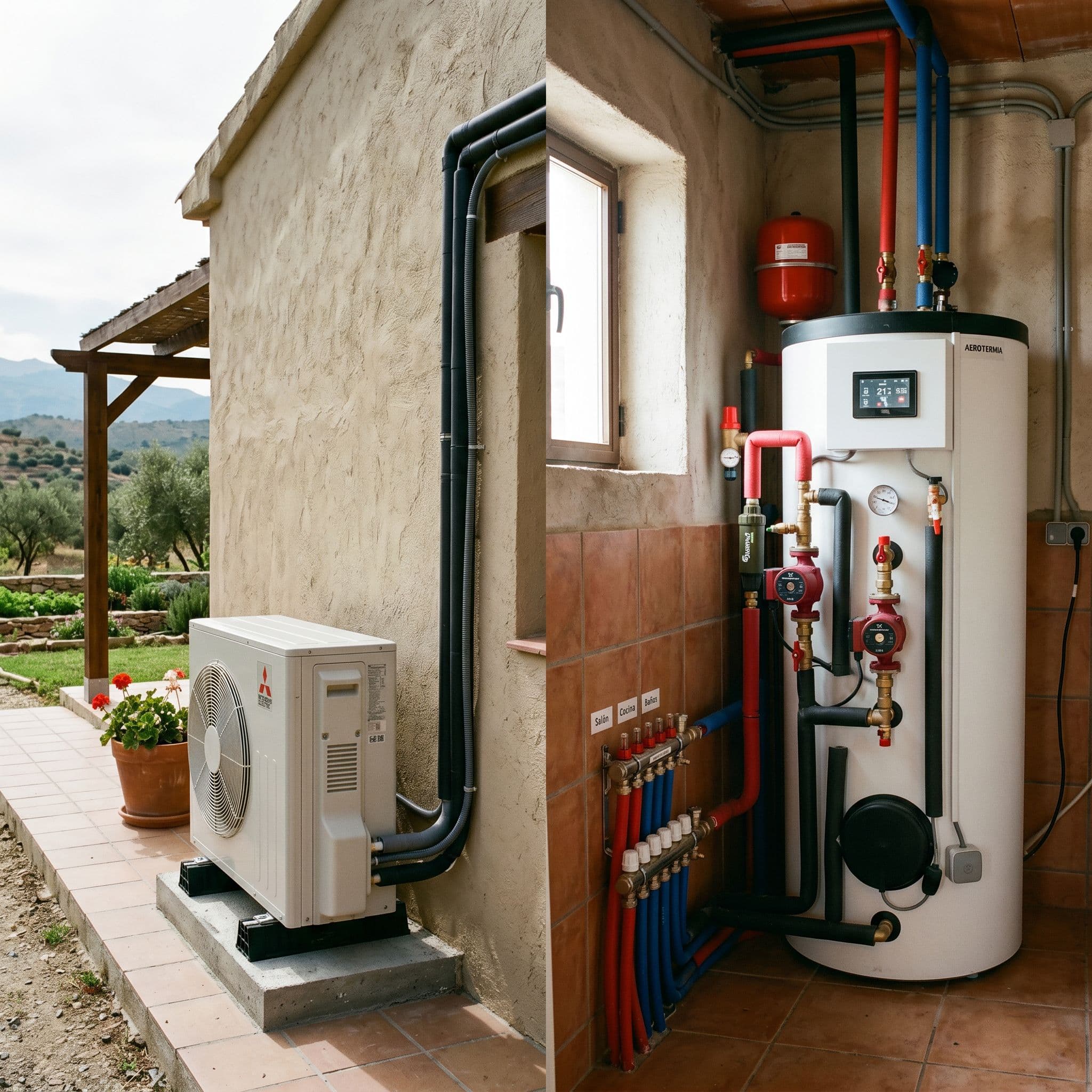 Bomba de calor aire-agua o aerotermia para la calefacción y el agua caliente de la vivienda