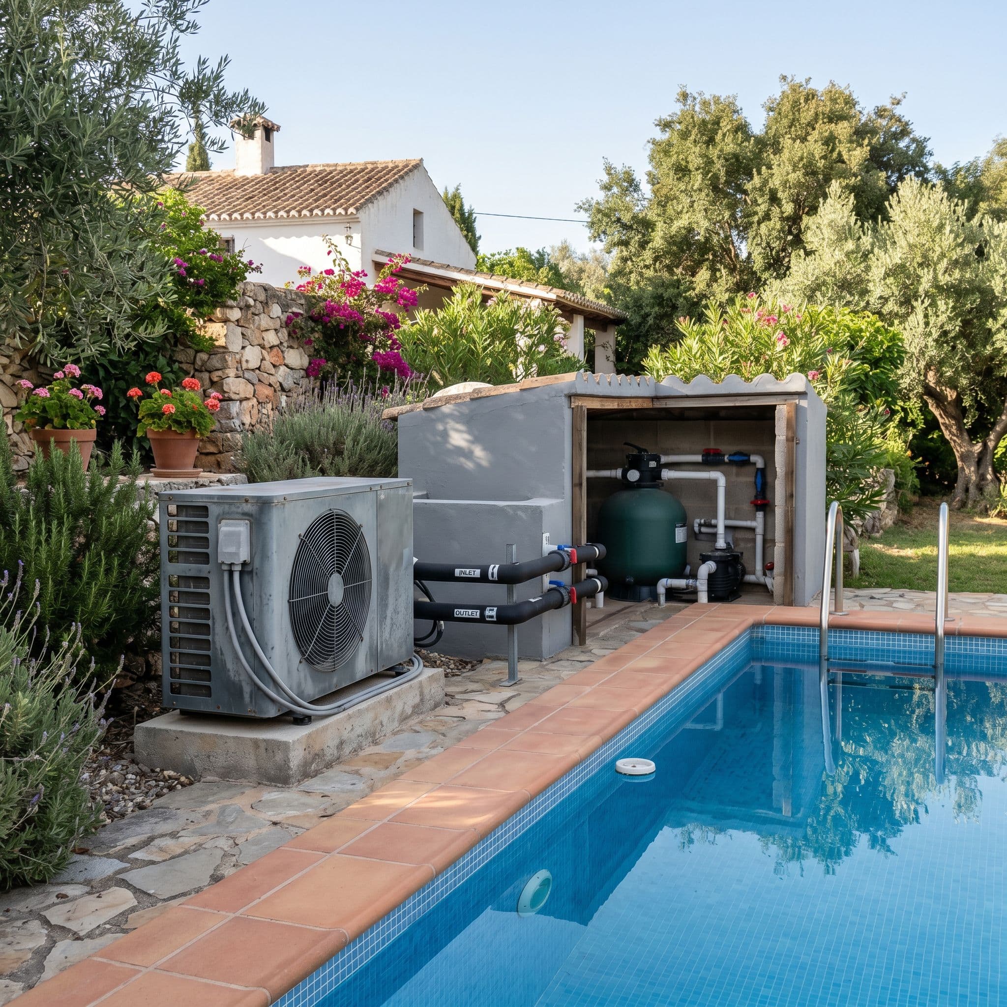 Bomba de calor para piscina instalada junto al vaso para climatizar el agua