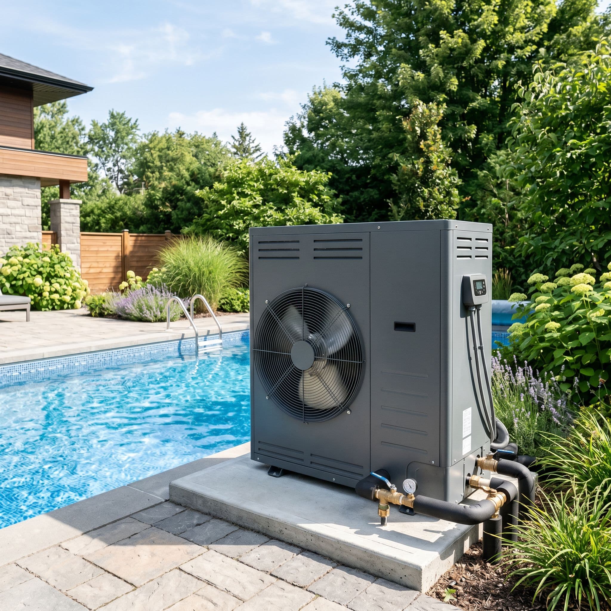 Bomba de calor inverter para piscina instalada en el jardín junto al vaso