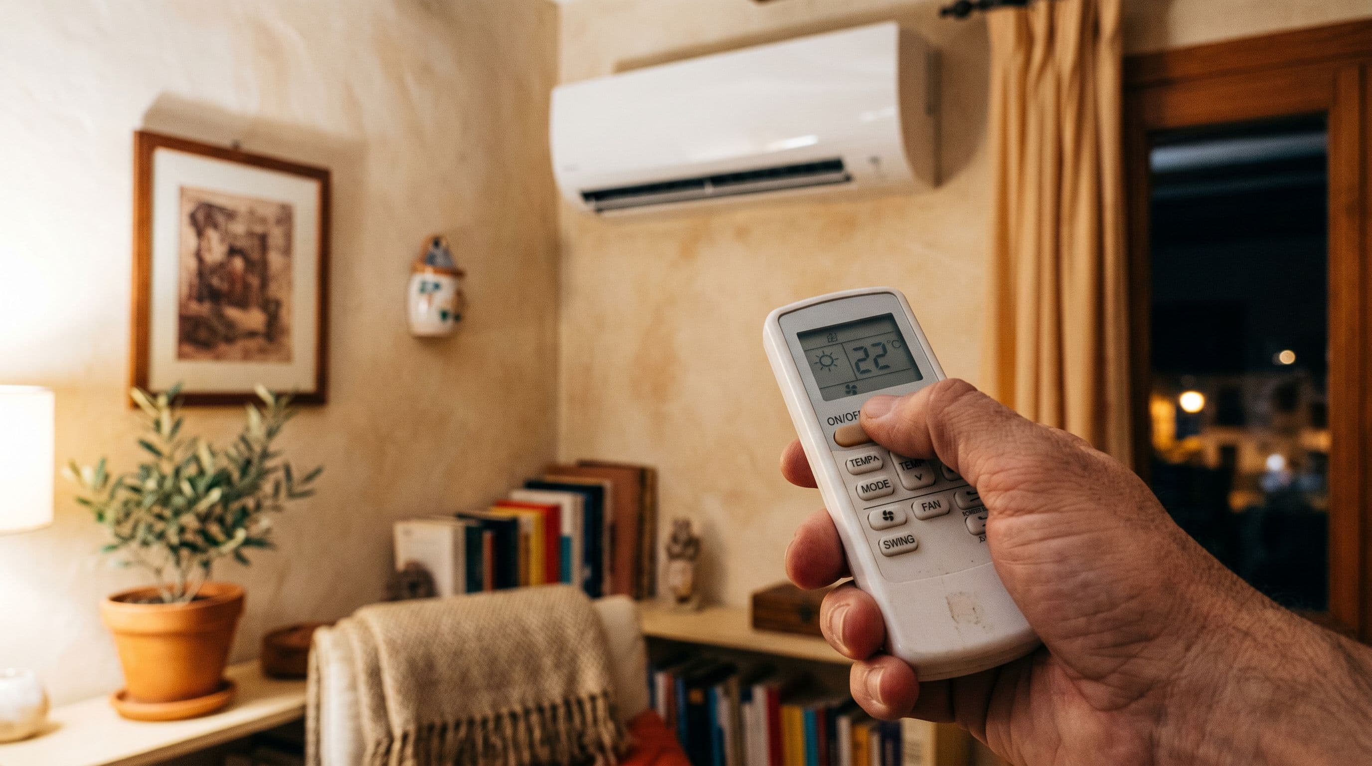 Mando de aire acondicionado mostrando el símbolo del sol del modo calor y 22 grados, apuntando a un split en invierno.