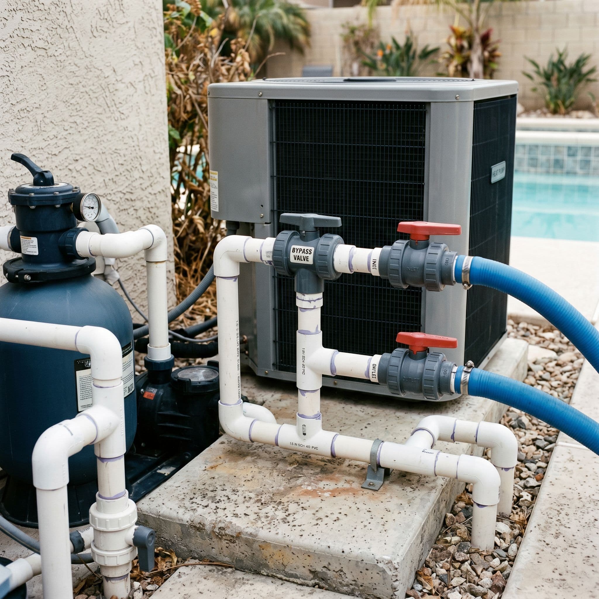 Conexión hidráulica con bypass entre la bomba de calor y el sistema de filtración de la piscina