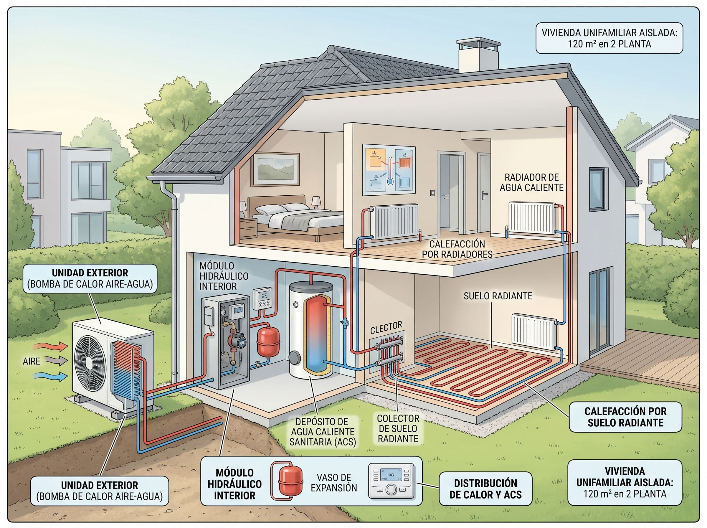 Esquema de una instalación de aerotermia en una casa unifamiliar de 120 m² con unidad exterior, depósito y distribución por la vivienda