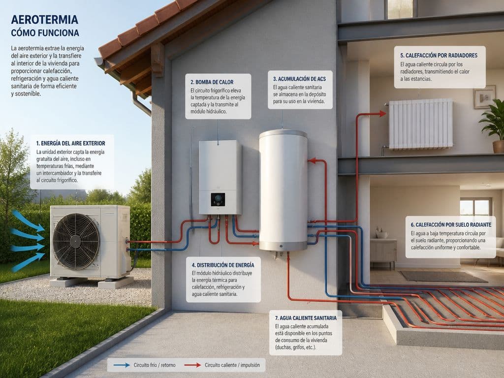 Esquema de una instalación de aerotermia: unidad exterior, módulo hidráulico, depósito de ACS y emisores de baja temperatura