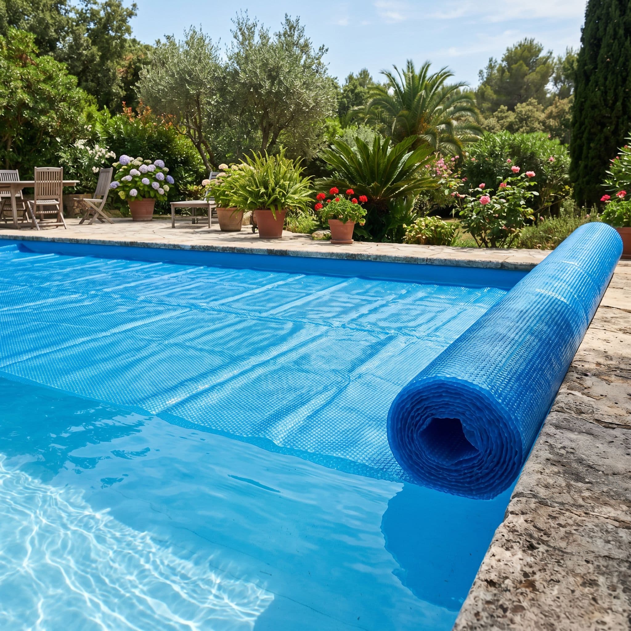 Manta térmica cubriendo una piscina para reducir la pérdida de calor y el consumo de la bomba de calor