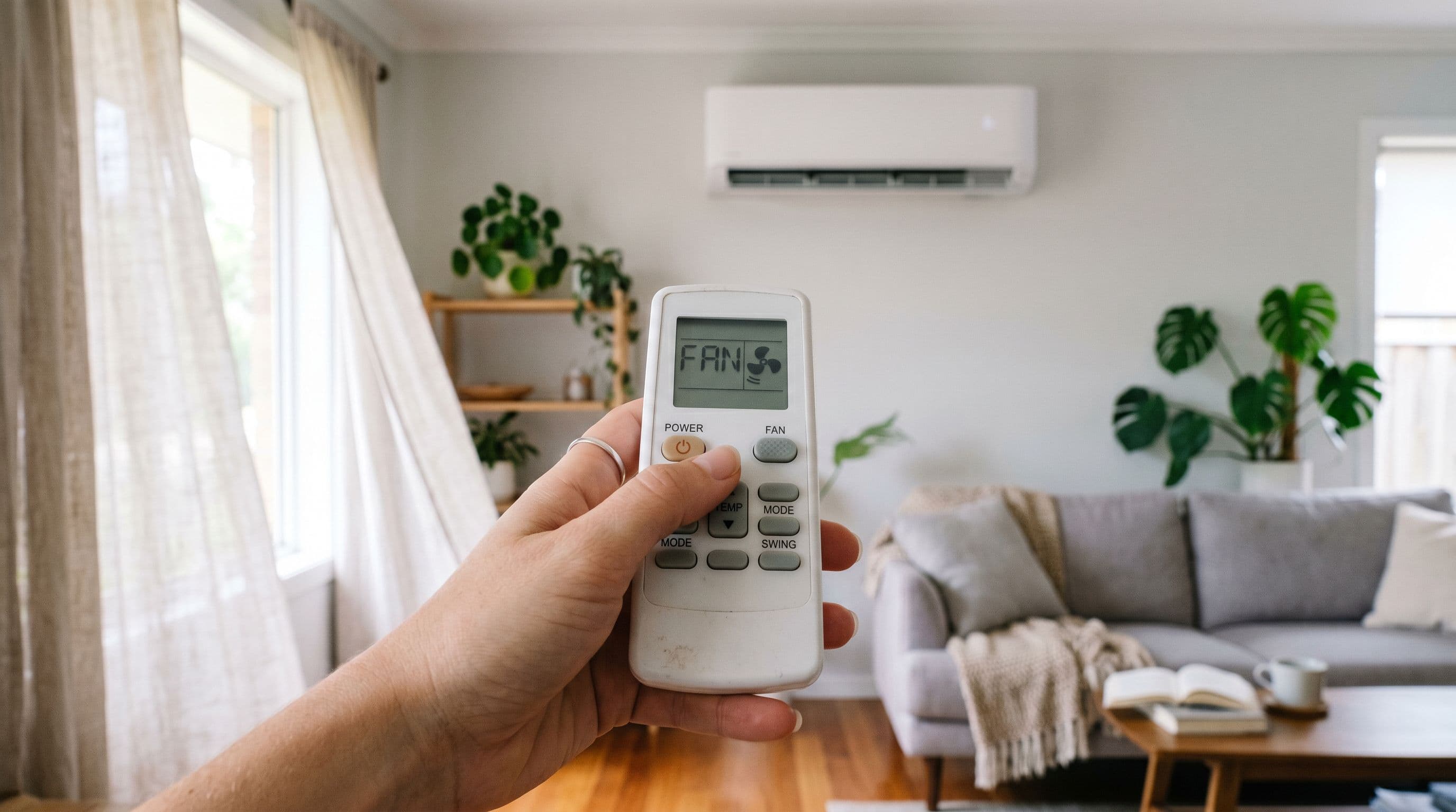 Mando de aire acondicionado en modo FAN mostrando el símbolo del ventilador, apuntando a un split en una vivienda.