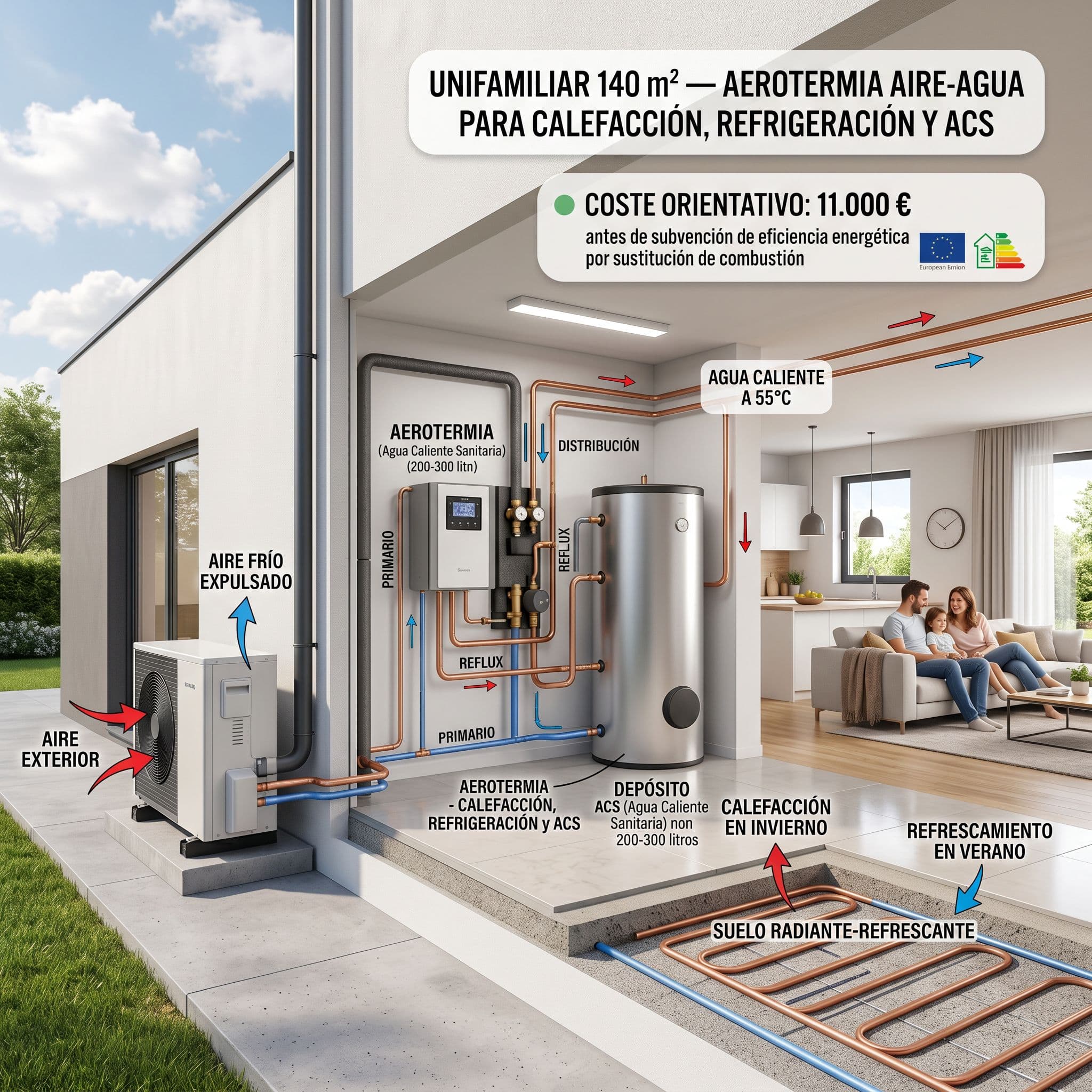 Sistema de climatización completo con bomba de calor aire agua (aerotermia) instalado en unifamiliar