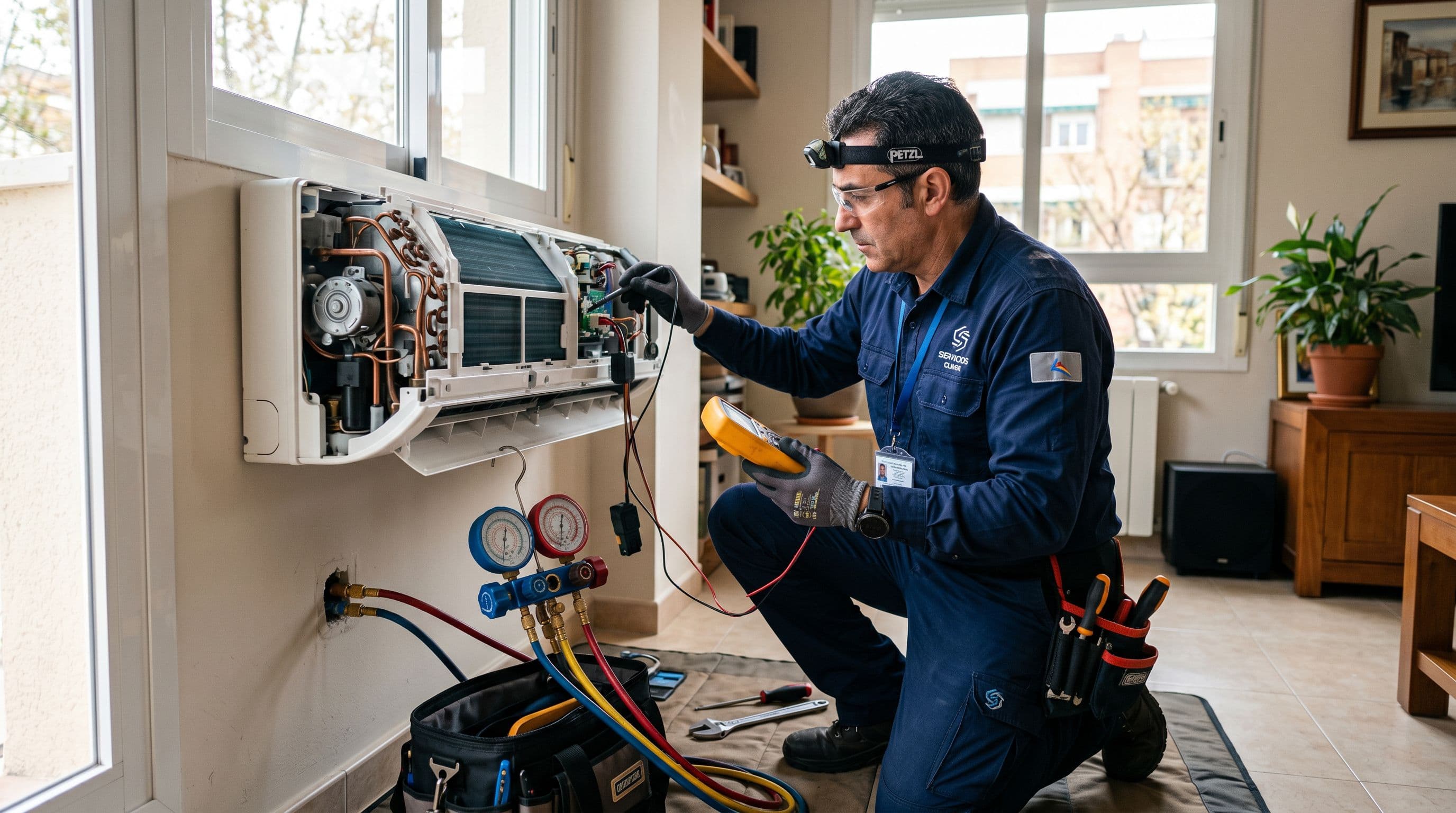 Técnico profesional certificado F-Gas diagnosticando avería en unidad interior de aire acondicionado split residencial español