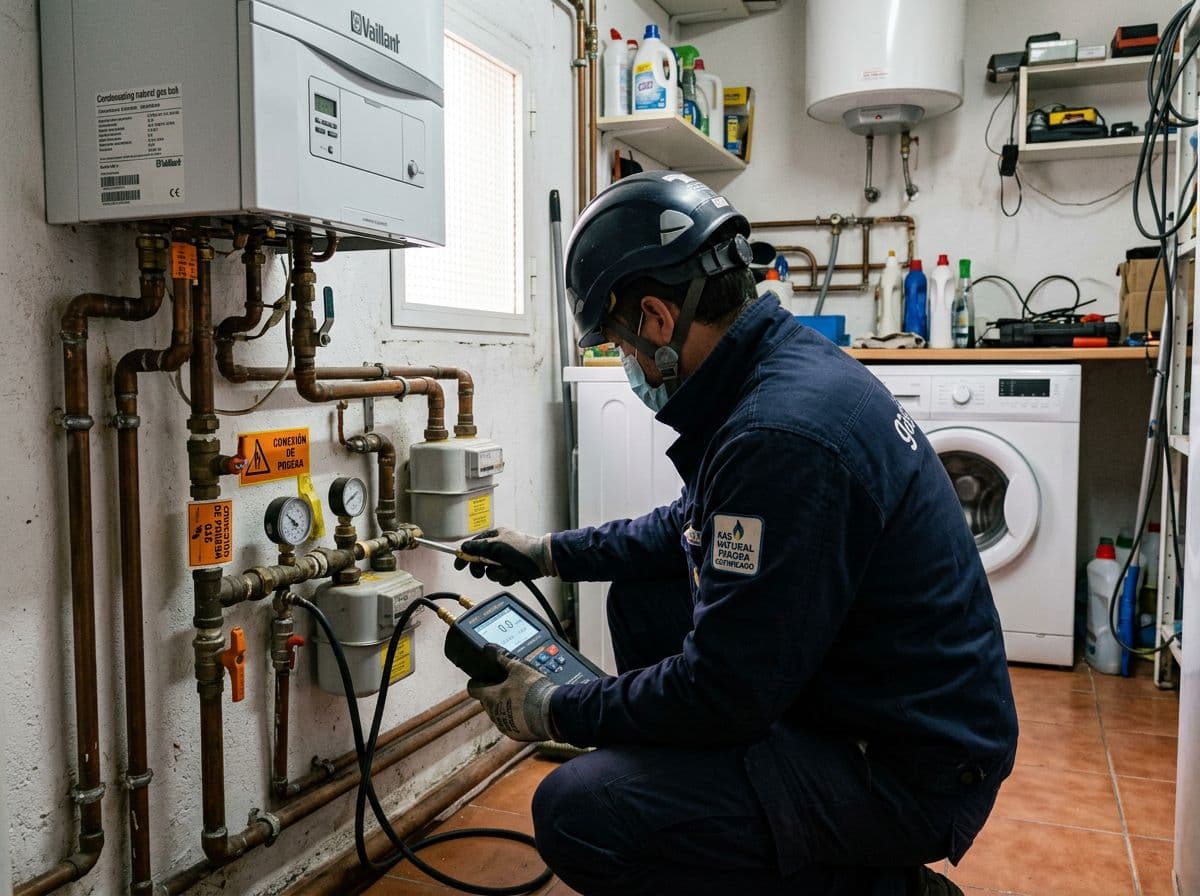 Técnico especializado realizando una revisión de gas en una vivienda