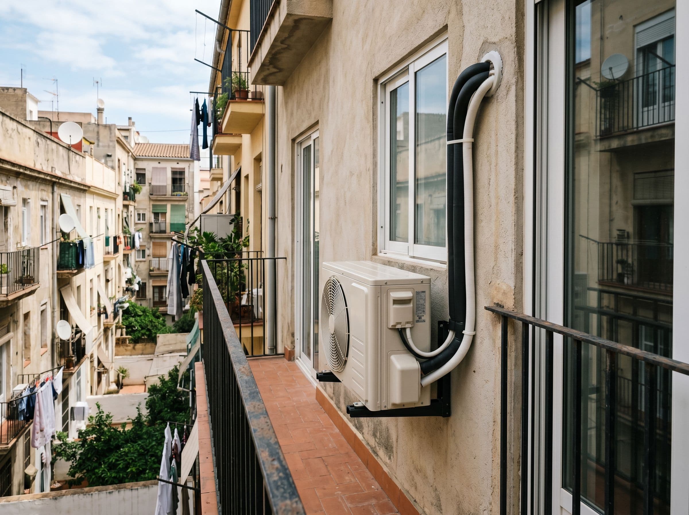 Unidad exterior compacta de aerotermia en la galería de un piso pequeño de 70 m²